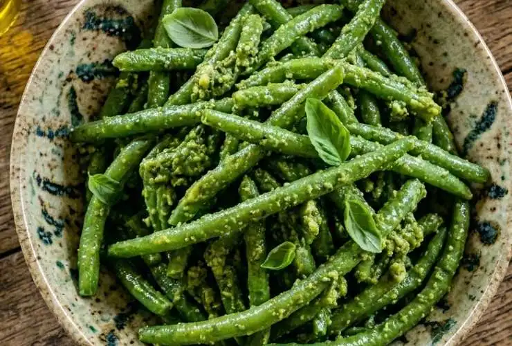 Quando saranno tiepidi andiamo ad unire il pesto, rimescolando per fare in modo che avvolga tutti i fagiolini. Controlliamo il sale ed eccoli pronti da servire.