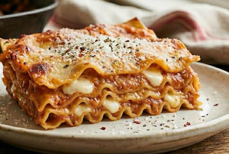 Distribuiamo altri due o tre coppini di sugo sulle sfoglie e spolveriamo il resto del parmigiano. Copriamo con un coperchio e lasciamo cuocere a fiamma dolce per un quarto d’ora, anche venti minuti, finché la mozzarella sarà bella filante. Spegniamo la fiamma e lasciamo assestare un paio di minuti prima di tagliare e servire.