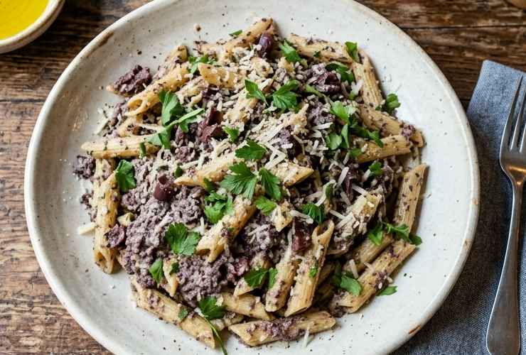 Scoliamo la pasta e riportiamola in pentola. Uniamo la crema di ricotta e olive e mescoliamo per condire. Controlliamo di nuovo il sale ed ecco pronto il nostro primo cremoso e saporito.