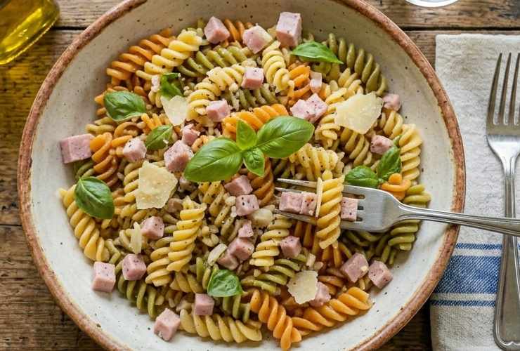 Quando la pasta è ormai fredda distribuiamo prima il parmigiano a pezzetti e il prosciutto a dadini. Mescoliamo e spolveriamo il parmigiano grattugiato. Mescoliamo ancora e controlliamo il sale: pronta da servire!