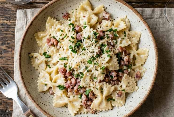 Scoliamo la pasta conservando un goccio di liquido di cottura e riversiamola nella padella. Mescoliamo usando, se serve, l’acqua di cottura per dare cremosità. Spolveriamo il parmigiano grattugiato, controlliamo il sale et voilà.