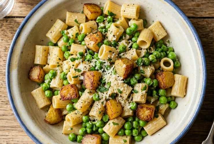 Portiamo sul fuoco la pentola per cuocere la pasta e caliamo quando l’acqua è a bollore. Prima di scolare conserviamo un po’ di liquido di cottura. Uniamo la pasta al tegame con patate e piselli e saltiamo a fiamma dolce usando l’acqua di cottura all’occorrenza. Controlliamo il sale e aromatizziamo a nostro gusto.