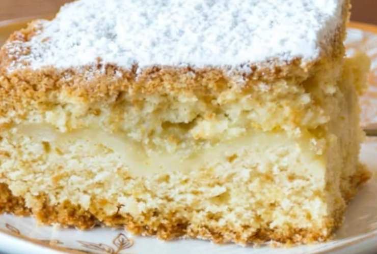 Imburriamo e infariniamo una teglia da forno e versiamo al suo interno il composto ottenuto. Inforniamo a 180 gradi e cuociamo per circa 40 o 45 minuti, fino a quando la torta sarà ben dorata. Sforniamo e lasciamo raffreddare, poi andiamo a spolverare con lo zucchero a velo e tagliamo a fette.