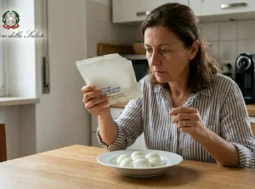 Donna in cucina che controlla preoccupata la data di scadenza su una confezione di mozzarella bianca anonima con piatto di mozzarelle sul tavolo.