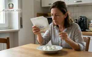 Donna in cucina che controlla preoccupata la data di scadenza su una confezione di mozzarella bianca anonima con piatto di mozzarelle sul tavolo.