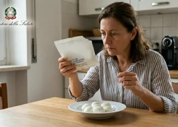Donna in cucina che controlla preoccupata la data di scadenza su una confezione di mozzarella bianca anonima con piatto di mozzarelle sul tavolo.