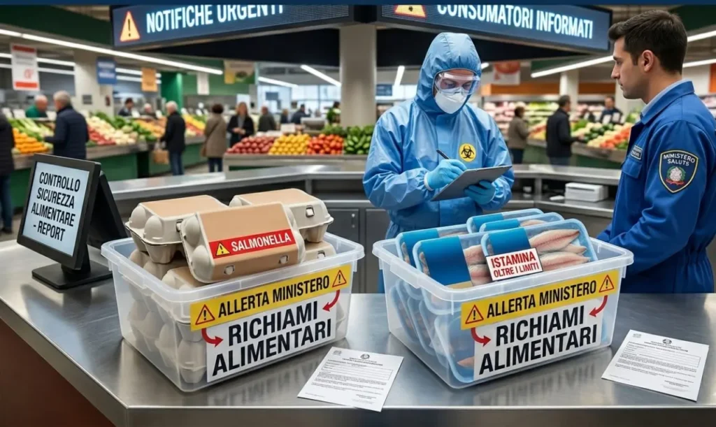 Un operatore in tuta protettiva e un funzionario del Ministero della Salute effettuano controlli su confezioni di uova e filetti di pesce in un supermercato. Sulle scatole compaiono le scritte "Salmonella" e "Istamina oltre i limiti".