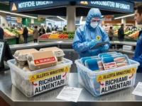 Un operatore in tuta protettiva e un funzionario del Ministero della Salute effettuano controlli su confezioni di uova e filetti di pesce in un supermercato. Sulle scatole compaiono le scritte "Salmonella" e "Istamina oltre i limiti".