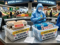 Un operatore in tuta protettiva e un funzionario del Ministero della Salute effettuano controlli su confezioni di uova e filetti di pesce in un supermercato. Sulle scatole compaiono le scritte "Salmonella" e "Istamina oltre i limiti".