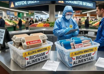 Un operatore in tuta protettiva e un funzionario del Ministero della Salute effettuano controlli su confezioni di uova e filetti di pesce in un supermercato. Sulle scatole compaiono le scritte "Salmonella" e "Istamina oltre i limiti".