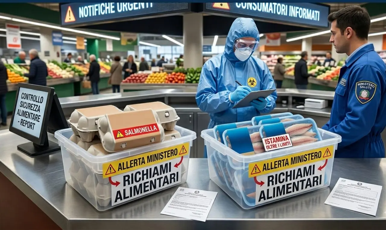 Un operatore in tuta protettiva e un funzionario del Ministero della Salute effettuano controlli su confezioni di uova e filetti di pesce in un supermercato. Sulle scatole compaiono le scritte "Salmonella" e "Istamina oltre i limiti".