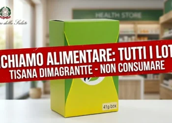 Confezione verde di tisana dimagrante con banner rosso di allerta del Ministero della Salute per richiamo alimentare di tutti i lotti.
