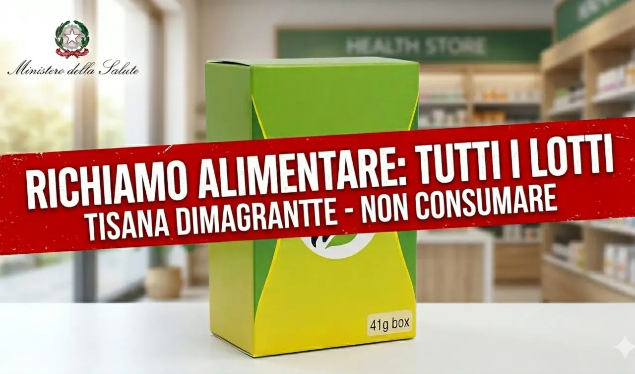 Confezione verde di tisana dimagrante con banner rosso di allerta del Ministero della Salute per richiamo alimentare di tutti i lotti.