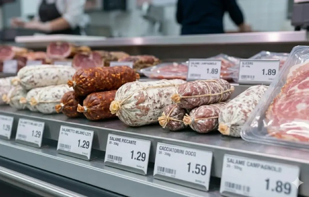 Primo piano di un bancone salumi refrigerato con diversi tipi di salami e cartellini dei prezzi. In evidenza un Salametto Milano, un Salame Piccante e dei Cacciatorini.