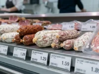 Primo piano di un bancone salumi refrigerato con diversi tipi di salami e cartellini dei prezzi. In evidenza un Salametto Milano, un Salame Piccante e dei Cacciatorini.