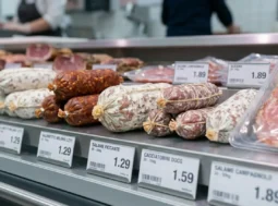Primo piano di un bancone salumi refrigerato con diversi tipi di salami e cartellini dei prezzi. In evidenza un Salametto Milano, un Salame Piccante e dei Cacciatorini.