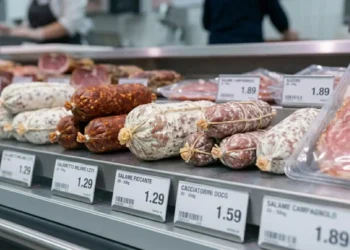 Primo piano di un bancone salumi refrigerato con diversi tipi di salami e cartellini dei prezzi. In evidenza un Salametto Milano, un Salame Piccante e dei Cacciatorini.
