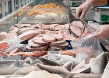 Tranci di pesce spada surgelato sfuso in un banco frigo del supermercato mentre vengono prelevati con una paletta.
