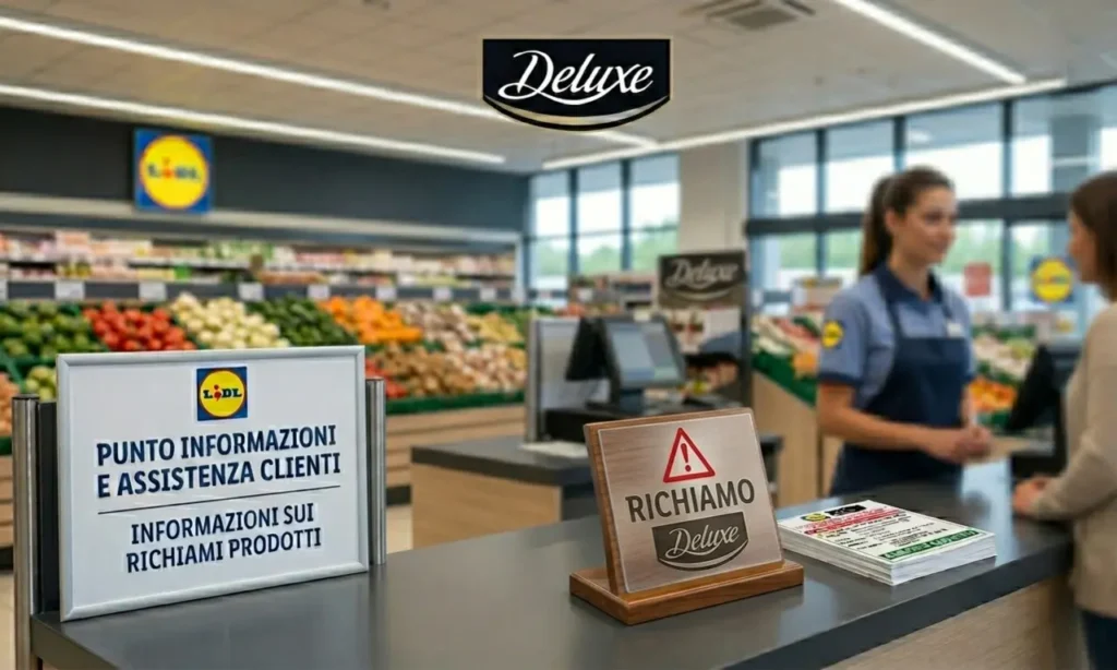 Punto informazioni LIDL con cartello di richiamo prodotto per il marchio Deluxe e segnale di attenzione.