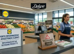 richiamo-prodotto-lidl-marchio-deluxe Punto informazioni LIDL con cartello di richiamo prodotto per il marchio Deluxe e segnale di attenzione.