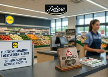 Punto informazioni LIDL con cartello di richiamo prodotto per il marchio Deluxe e segnale di attenzione.