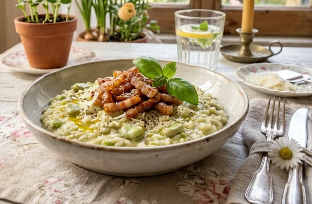 Piatto fondo con risotto cremoso alle fave verdi e guanciale croccante in cima, servito su un tavolo di legno bianco con fiori primaverili e atmosfera luminosa shabby chic.