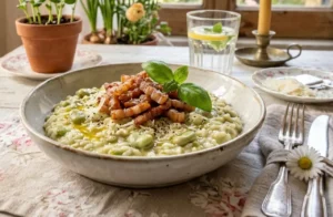 risotto-crema-fave-guanciale-croccante-shabby-chic Piatto fondo con risotto cremoso alle fave verdi e guanciale croccante in cima, servito su un tavolo di legno bianco con fiori primaverili e atmosfera luminosa shabby chic.