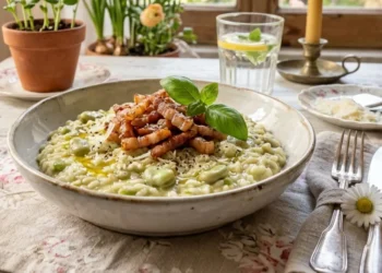 Piatto fondo con risotto cremoso alle fave verdi e guanciale croccante in cima, servito su un tavolo di legno bianco con fiori primaverili e atmosfera luminosa shabby chic.