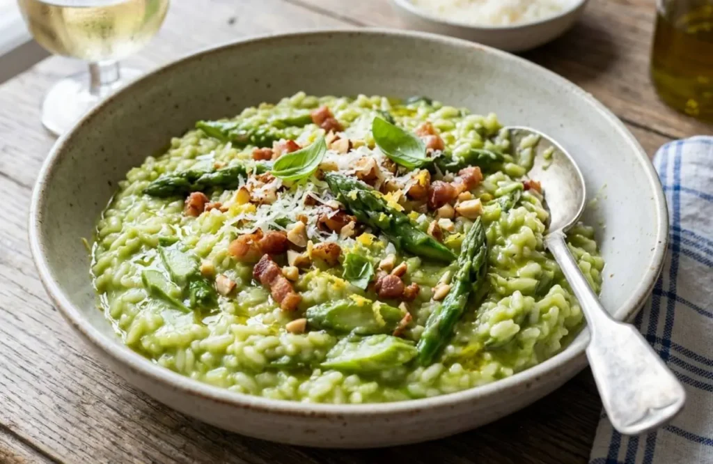 Un piatto fondo di risotto verde cremoso agli asparagi, guarnito con punte di asparagi interi, pancetta croccante, granella di mandorle e scorza di limone.