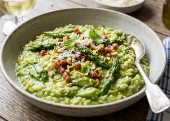 Un piatto fondo di risotto verde cremoso agli asparagi, guarnito con punte di asparagi interi, pancetta croccante, granella di mandorle e scorza di limone.