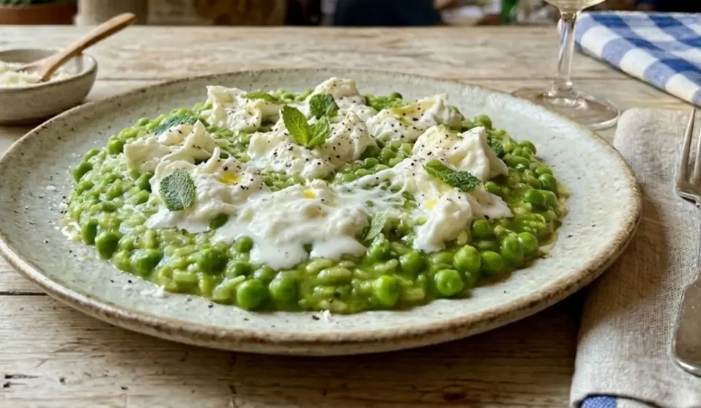 Risotto cremoso ai piselli freschi con burrata pugliese sfilacciata e menta fresca, servito in un piatto rustico su tavolo in legno.