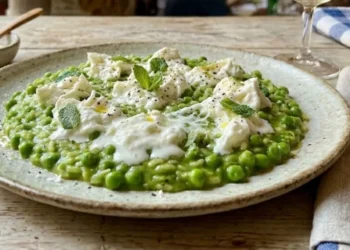 Risotto cremoso ai piselli freschi con burrata pugliese sfilacciata e menta fresca, servito in un piatto rustico su tavolo in legno.