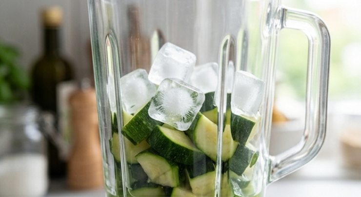 Un cubetto di ghiaccio trasparente inserito nel mixer insieme a zucchine saltate per frullare e fissare il colore verde.