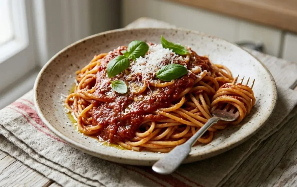 spaghetti-crema-pomodori-arrostiti-frullati Primo piatto di spaghetti conditi con una crema vellutata di pomodori arrostiti al forno e frullati, guarniti con parmigiano reggiano e basilico fresco su un tavolo rustico.