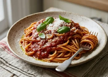Primo piatto di spaghetti conditi con una crema vellutata di pomodori arrostiti al forno e frullati, guarniti con parmigiano reggiano e basilico fresco su un tavolo rustico.