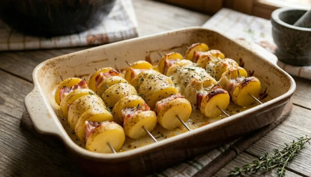 Vassoio di spiedini di patate e pancetta croccanti appena sfornati con erbe aromatiche