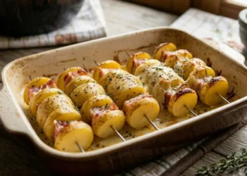 Vassoio di spiedini di patate e pancetta croccanti appena sfornati con erbe aromatiche