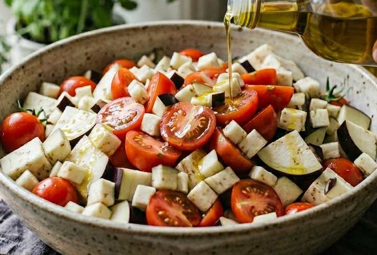 Riversiamo sia i pomodori che le melanzane in una ciotola e versiamo sopra un giro d’olio di oliva, inumidendo per bene, aggiungiamo il sale, il pepe e gli aromi che preferiamo. Mescoliamo bene così da insaporire ogni pezzetto di melanzana e ogni pomodoro, aiutandoci con una spatola un cucchiaio;