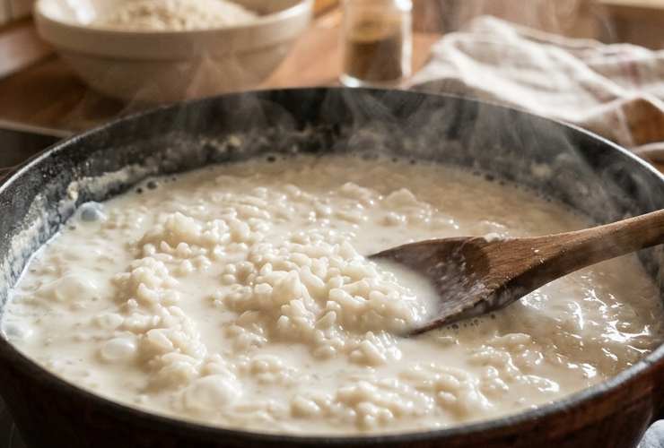 Versiamo quindi il riso nel latte caldo e lasciamo cuocere lentamente, mescolando spesso e tenendo la fiamma bassa, finché il liquido non sarà stato quasi completamente assorbito e i chicchi belli teneri. Aggiungiamo il burro al riso ancora caldo, mescoliamo bene per farlo sciogliere e spegniamo la fiamma;