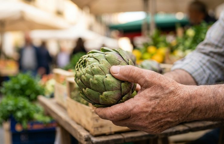 Una mano adulta con texture autentica preme sul fianco sodo e compatto di un carciofo verde fresco per testarne la sodezza.