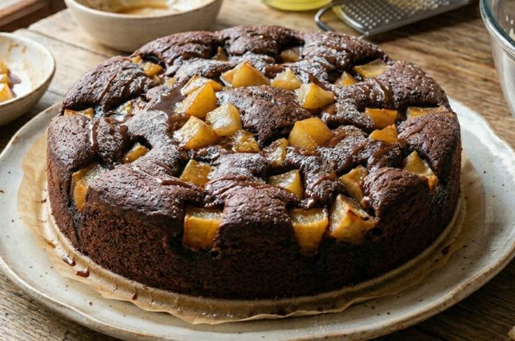 Incorporate i cubetti di pera caramellata all’impasto, includendo anche lo sciroppo che si è formato in padella. Versate nello stampo foderato di carta forno, distribuite sopra le pere rimaste. Cuocete a 180 gradi in modalità statica per 40/45 minuti. Fate la prova stecchino: deve uscire con qualche briciola umida, non perfettamente asciutto! Estraete la torta e fatela raffreddare completamente, quindi servitela!