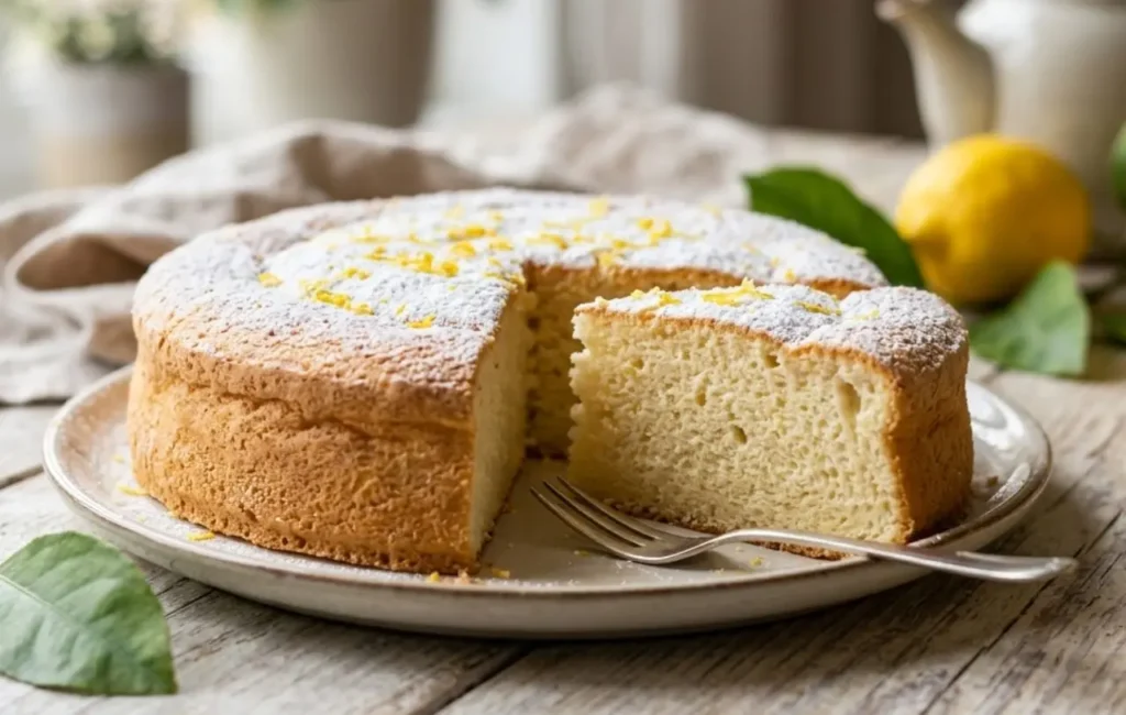 Fetta di torta al limone soffice senza farina e senza burro, spolverata con zucchero a velo su un tavolo di legno rustico con limoni freschi.