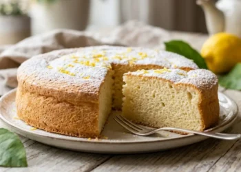 Fetta di torta al limone soffice senza farina e senza burro, spolverata con zucchero a velo su un tavolo di legno rustico con limoni freschi.