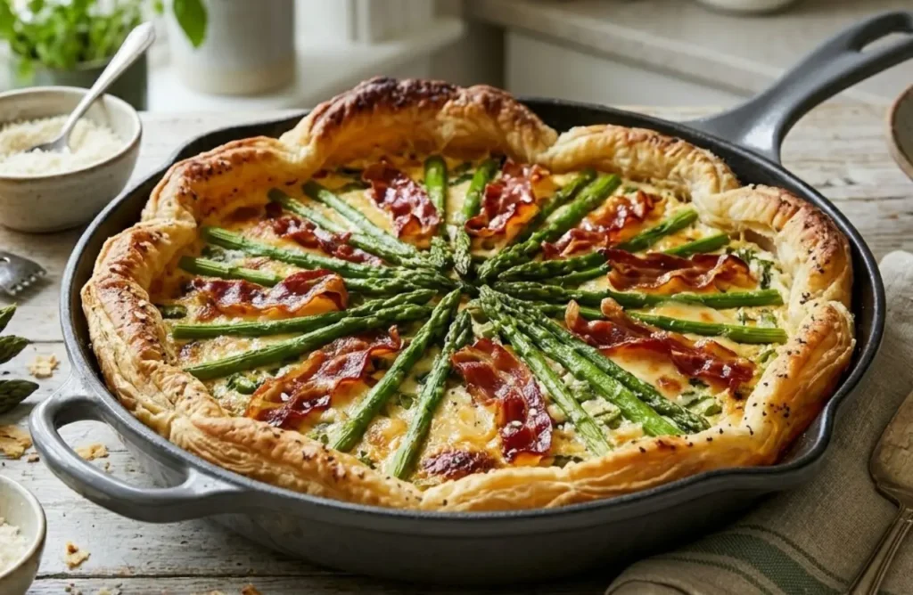 Torta salata rustica di pasta sfoglia con asparagi freschi, prosciutto crudo croccante e scamorza fusa su un tavolo di legno chiaro.