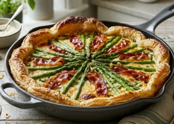 Torta salata rustica di pasta sfoglia con asparagi freschi, prosciutto crudo croccante e scamorza fusa su un tavolo di legno chiaro.