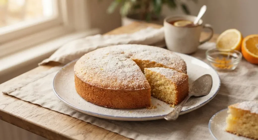 Torta soffice limone e arancia fatta in casa Fetta di torta soffice limone e arancia spolverizzata di zucchero a velo su piatto, pronta per essere servita a colazione.