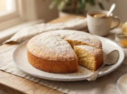 Fetta di torta soffice limone e arancia spolverizzata di zucchero a velo su piatto, pronta per essere servita a colazione.