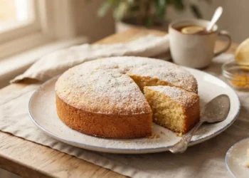 Fetta di torta soffice limone e arancia spolverizzata di zucchero a velo su piatto, pronta per essere servita a colazione.