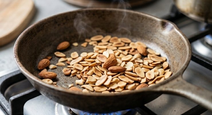 Mandorle a lamelle che dorano in una padella di ghisa calda per liberare oli essenziali e aroma.