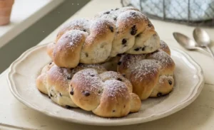 Treccine dolci con gocce di cioccolato e zucchero a velo impilate su un piatto vintage, ambientazione cucina shabby chic con fiori di lavanda e luce primaverile naturale